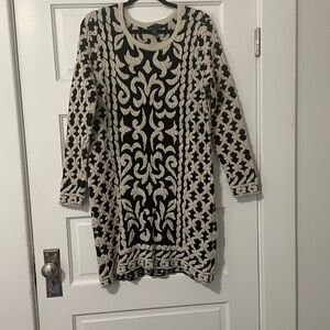 INC Black and Cream Patterned Sweater Dress